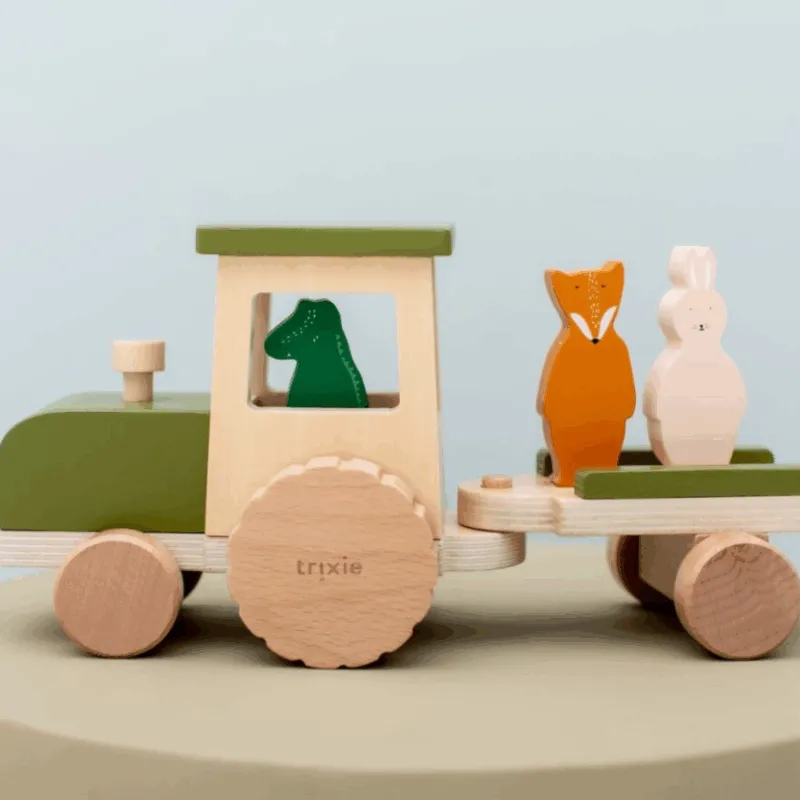 Houten tractor met aanhangwagen