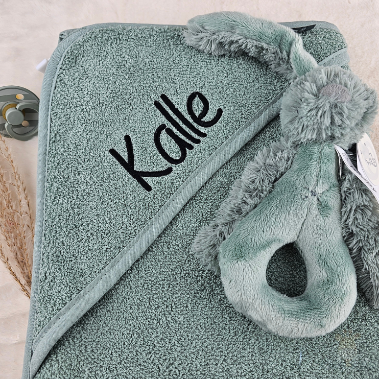 Cadeauset badcape Ash green XL met naam geborduurd