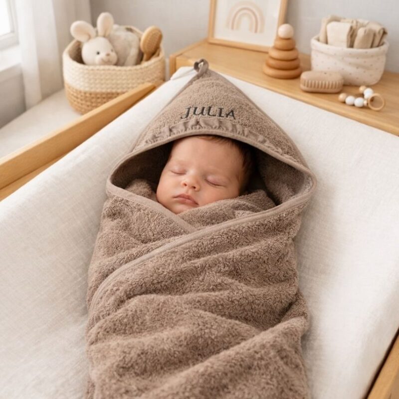 Badcape badstof Ruffle taupe met naam geborduurd