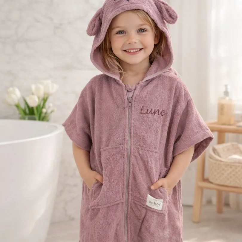 oudroze badcape met rits met naam geborduurd