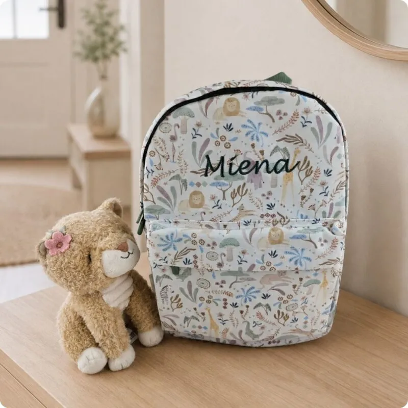 Kinderrugtas Safari Friends 35 cm met naam geborduurd